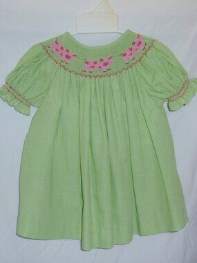 Lolly Wolly Doodle 3 Pigs Smocked Embroidered Green Check Bishop Dress Sz 3t